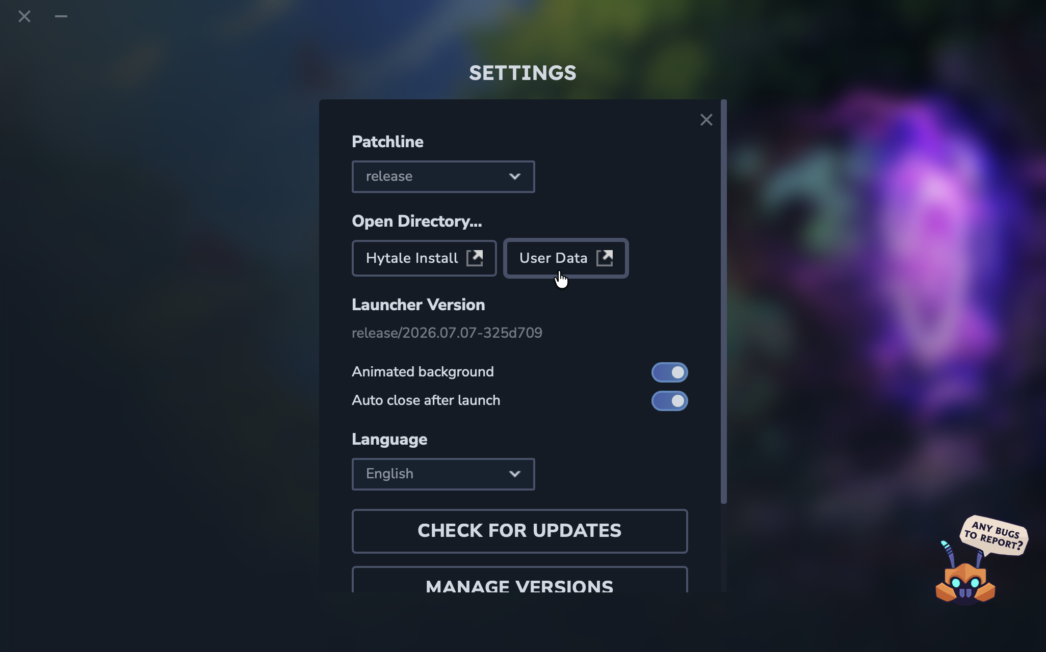 Hytale Launcher settings with the User Data and Hytale Install buttons under Open Directory